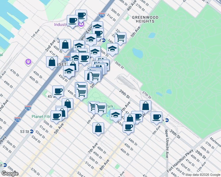 map of restaurants, bars, coffee shops, grocery stores, and more near 566 39th Street in Brooklyn