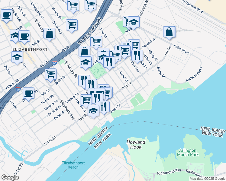 map of restaurants, bars, coffee shops, grocery stores, and more near 113 South Park Street in Elizabeth