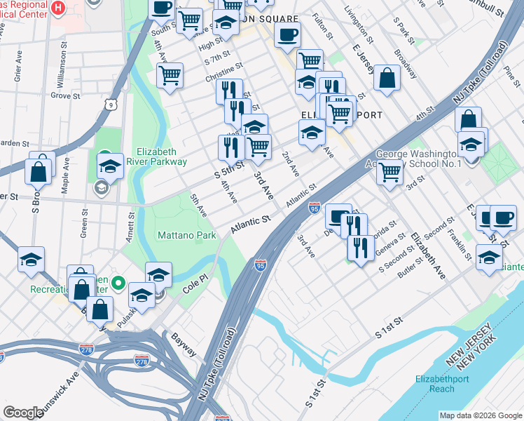 map of restaurants, bars, coffee shops, grocery stores, and more near 314 Doyle Street in Elizabeth