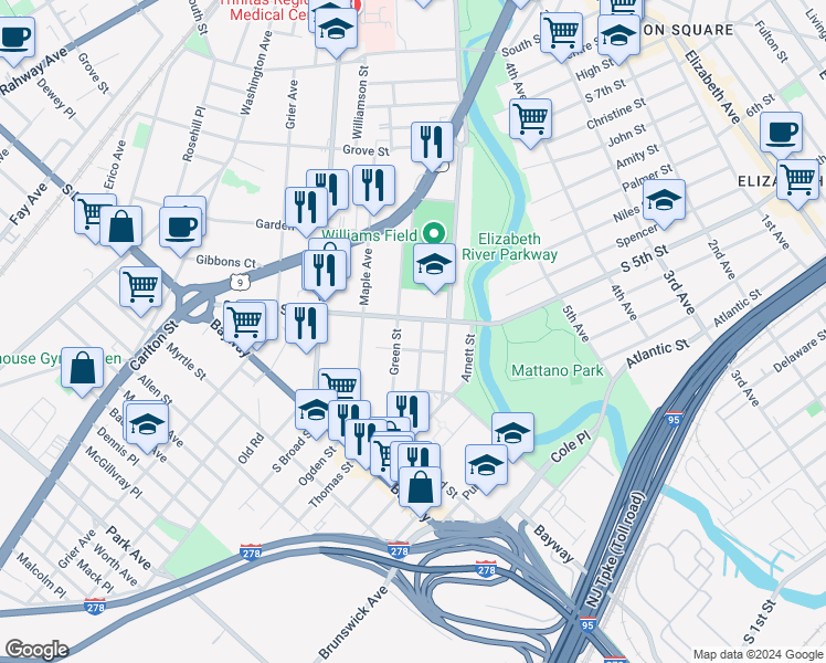 map of restaurants, bars, coffee shops, grocery stores, and more near 622 Summer Street in Elizabeth