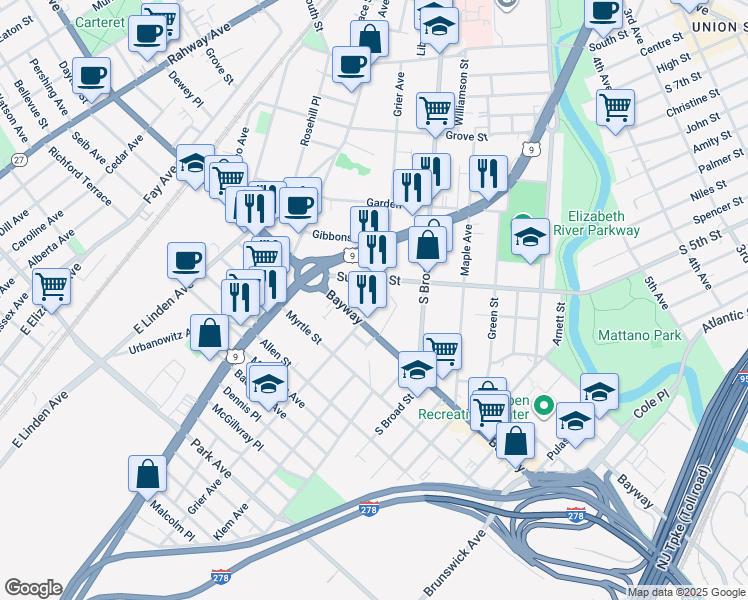 map of restaurants, bars, coffee shops, grocery stores, and more near 613 Grier Avenue in Elizabeth