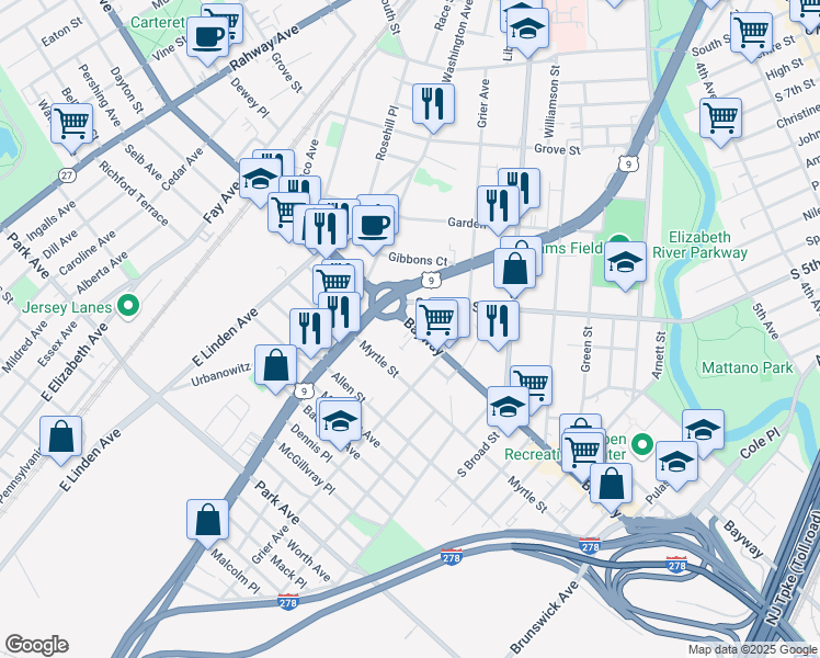 map of restaurants, bars, coffee shops, grocery stores, and more near 829-833 Bayway Avenue in Elizabeth