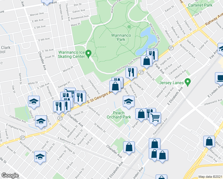 map of restaurants, bars, coffee shops, grocery stores, and more near 5A Carolyn Terrace in Roselle