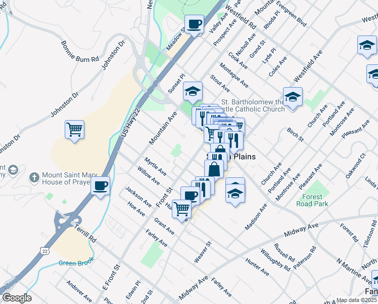map of restaurants, bars, coffee shops, grocery stores, and more near 1803 Front Street in Scotch Plains