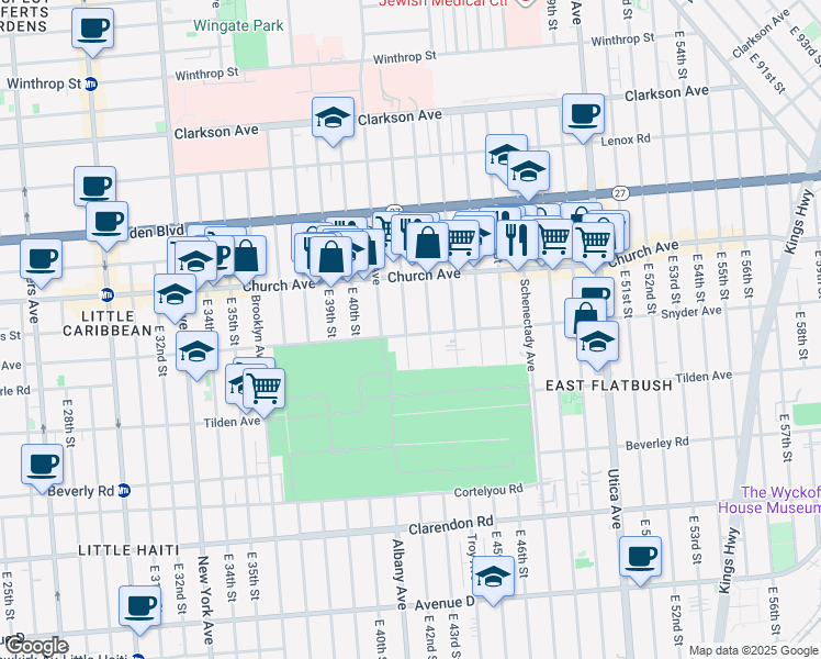 map of restaurants, bars, coffee shops, grocery stores, and more near 243 East 42nd Street in Brooklyn