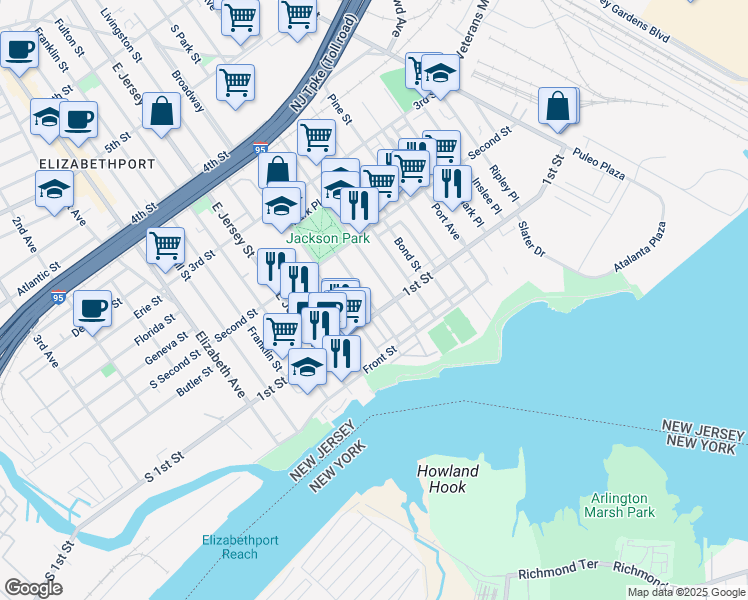 map of restaurants, bars, coffee shops, grocery stores, and more near 109 South Park Street in Elizabeth