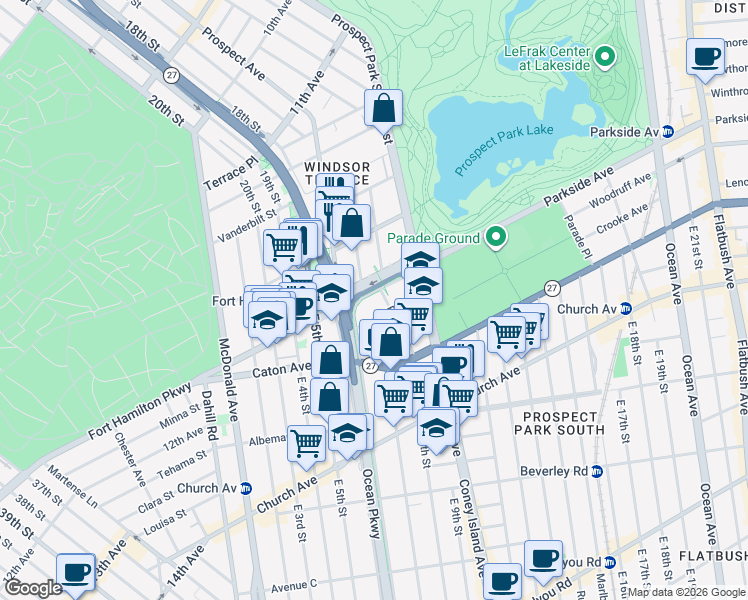 map of restaurants, bars, coffee shops, grocery stores, and more near 31 Ocean Parkway in Brooklyn