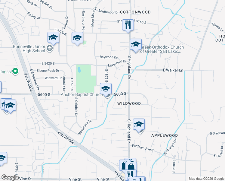 map of restaurants, bars, coffee shops, grocery stores, and more near 5575 Merlyn Circle in Holladay