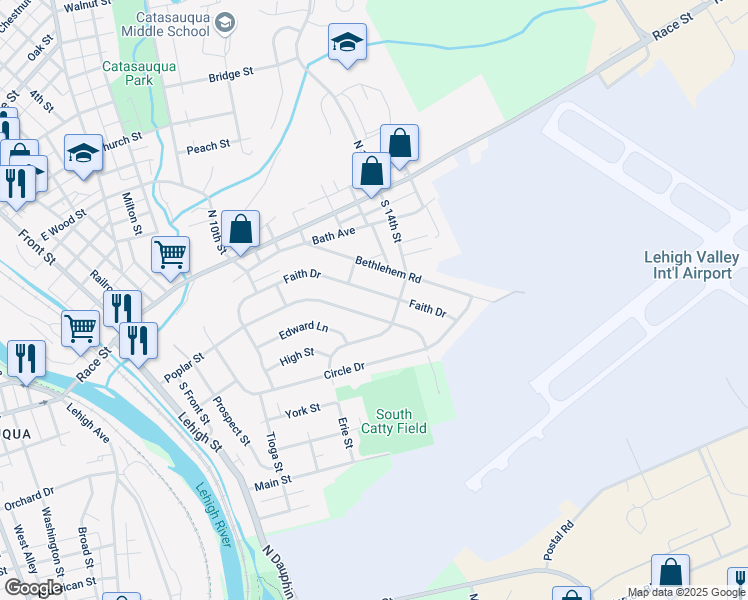 map of restaurants, bars, coffee shops, grocery stores, and more near 705 Faith Dr in Catasauqua