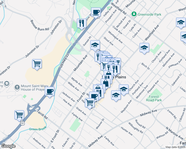 map of restaurants, bars, coffee shops, grocery stores, and more near 1803 Front Street in Scotch Plains