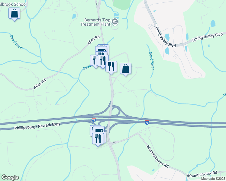 map of restaurants, bars, coffee shops, grocery stores, and more near 184 Liberty Corner Road in Warren