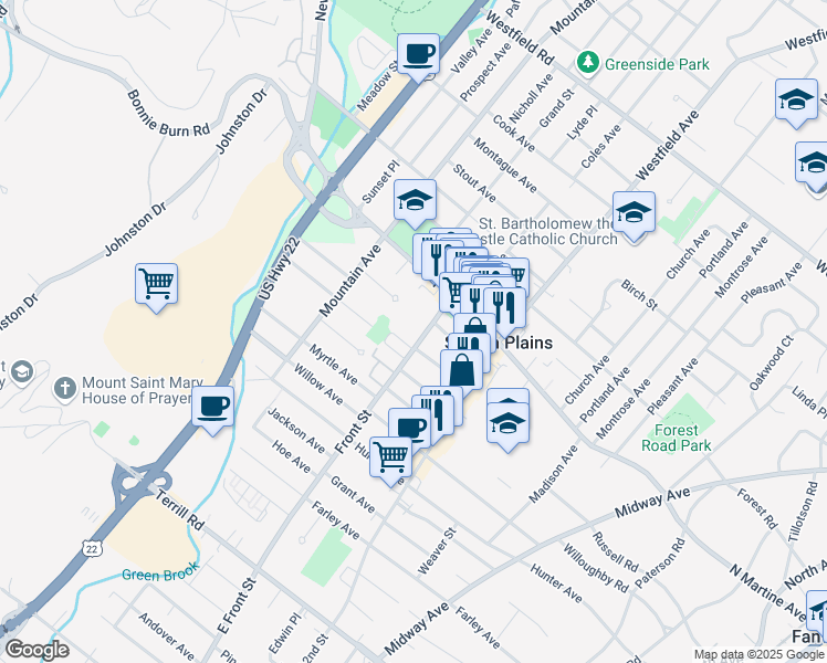 map of restaurants, bars, coffee shops, grocery stores, and more near 1803 Front Street in Scotch Plains