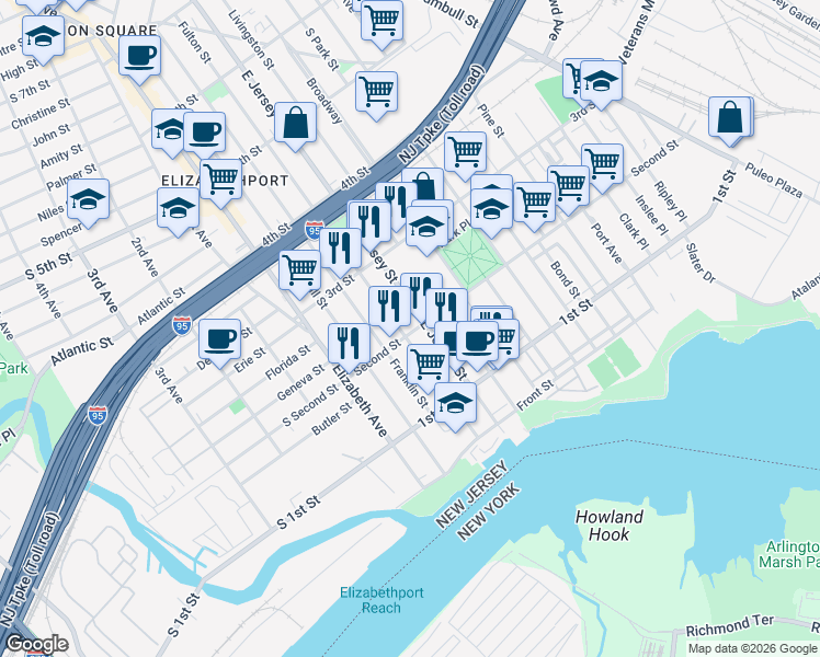 map of restaurants, bars, coffee shops, grocery stores, and more near 200 East Jersey Street in Elizabeth