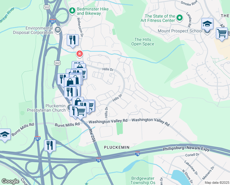 map of restaurants, bars, coffee shops, grocery stores, and more near 23 Bentley Court in Bedminster