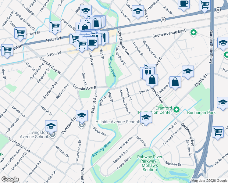 map of restaurants, bars, coffee shops, grocery stores, and more near 346 Lincoln Avenue East in Cranford