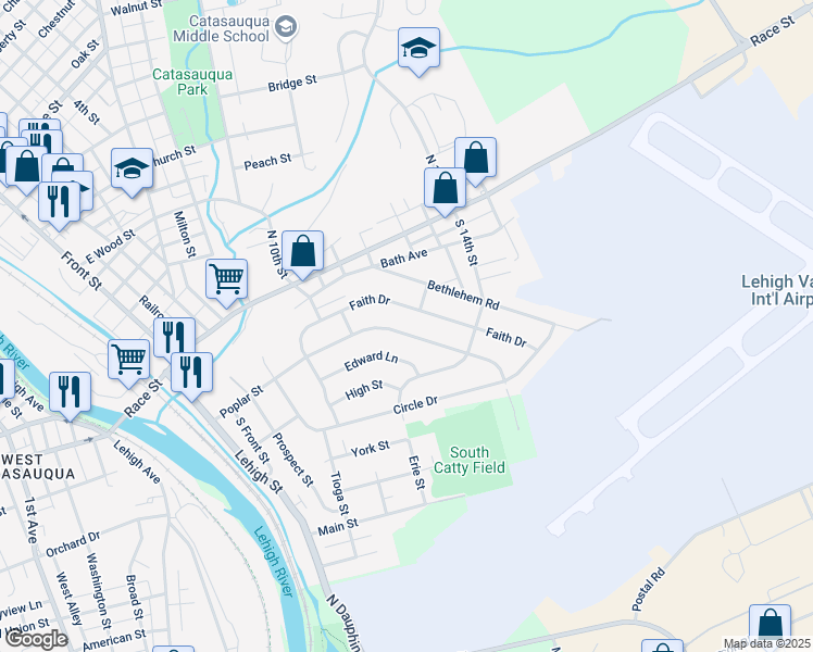 map of restaurants, bars, coffee shops, grocery stores, and more near 530 Poplar Street in Catasauqua