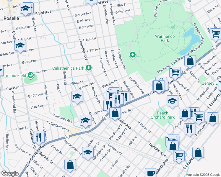 map of restaurants, bars, coffee shops, grocery stores, and more near 1032 Harrison Avenue in Roselle