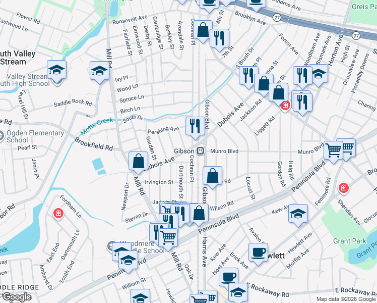 map of restaurants, bars, coffee shops, grocery stores, and more near 510 Dubois Avenue in Valley Stream