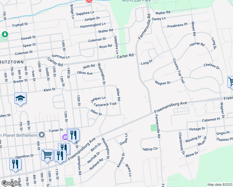 map of restaurants, bars, coffee shops, grocery stores, and more near 4210 Alder Road in Bethlehem