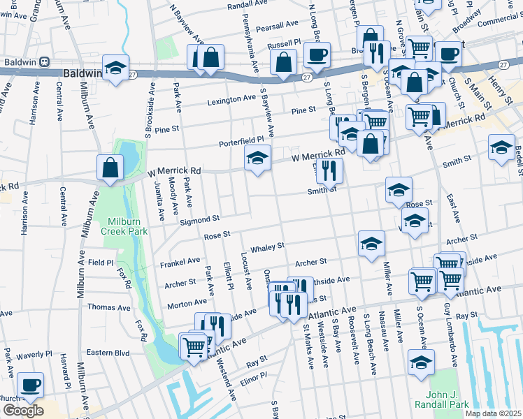 map of restaurants, bars, coffee shops, grocery stores, and more near 199 Washington Street in Freeport