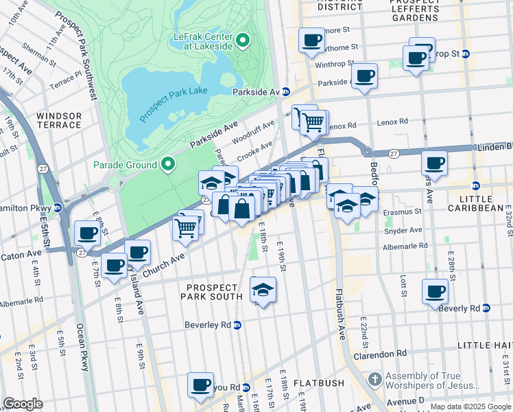 map of restaurants, bars, coffee shops, grocery stores, and more near 60 East 18th Street in Brooklyn