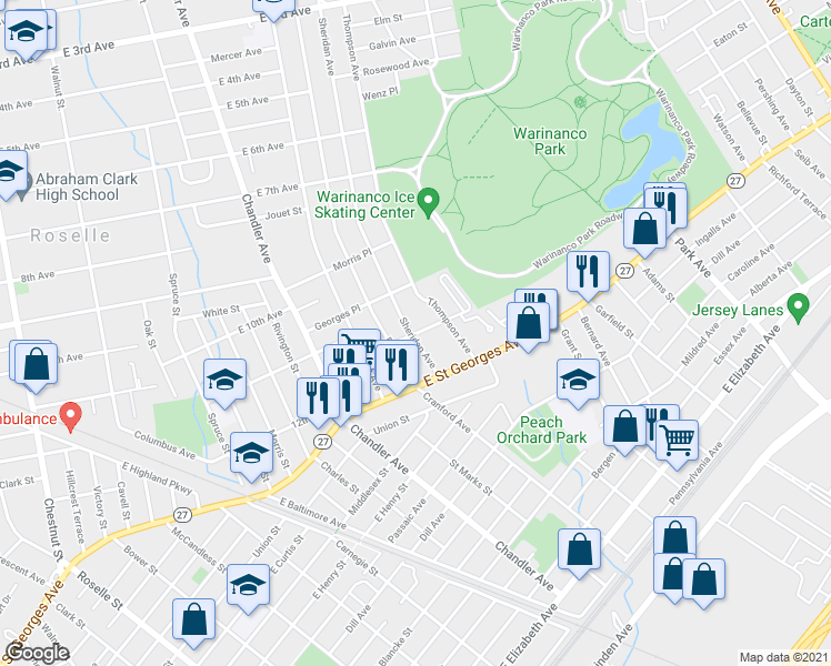 map of restaurants, bars, coffee shops, grocery stores, and more near 549 Newman Place in Roselle