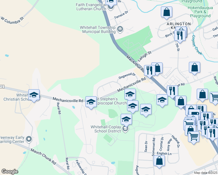 map of restaurants, bars, coffee shops, grocery stores, and more near 3034 Rosewood Court in Lehigh County