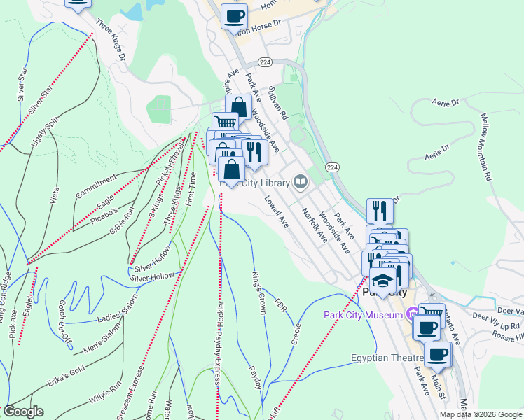 map of restaurants, bars, coffee shops, grocery stores, and more near 1232 Lowell Avenue in Park City