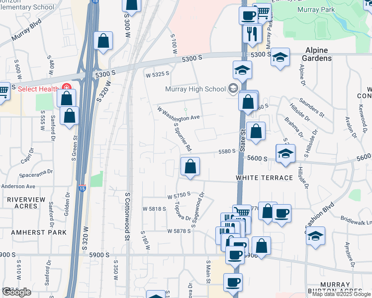 map of restaurants, bars, coffee shops, grocery stores, and more near 5534 South Spurrier Road in Murray