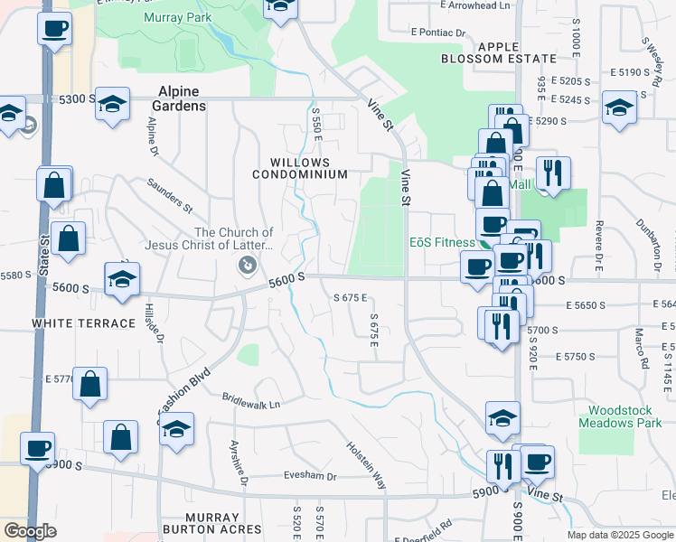 map of restaurants, bars, coffee shops, grocery stores, and more near 600 Marshwood Lane in Murray