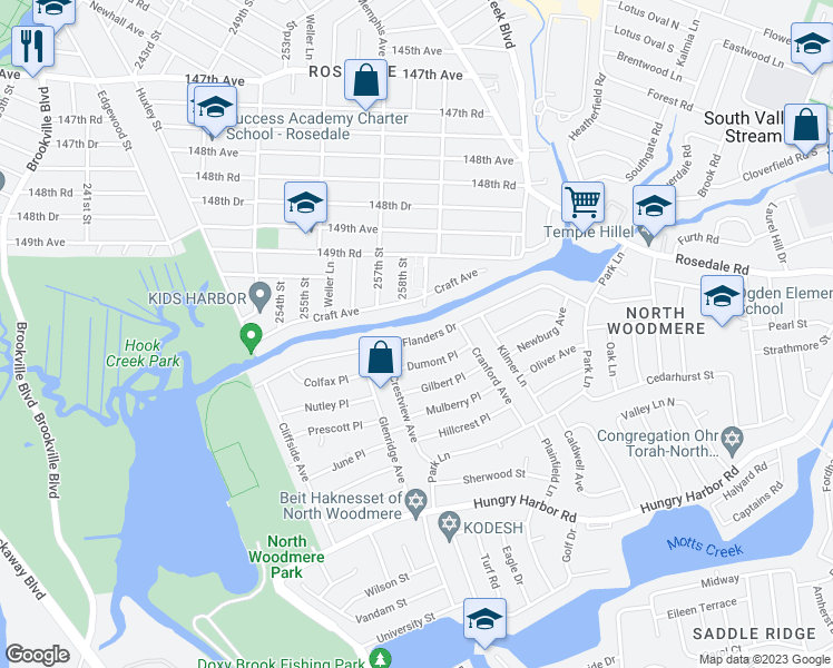 map of restaurants, bars, coffee shops, grocery stores, and more near 743 Flanders Drive in Valley Stream