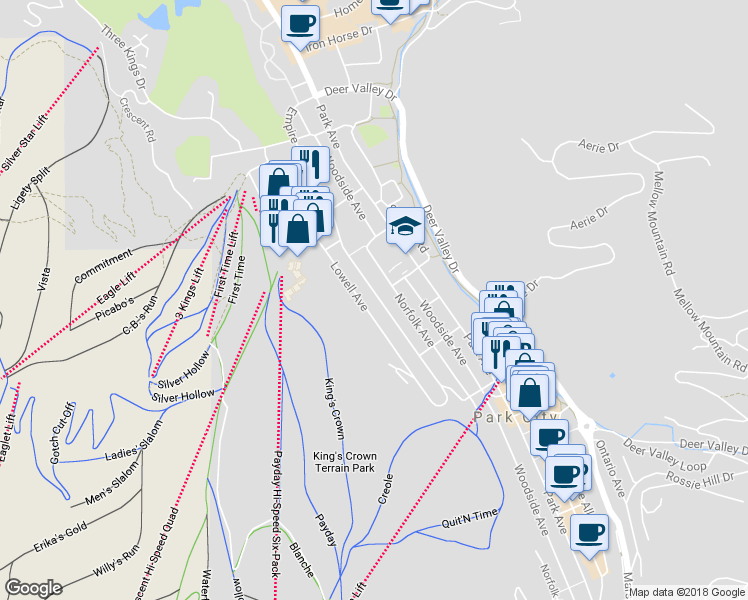 map of restaurants, bars, coffee shops, grocery stores, and more near 1199 Empire Avenue in Park City