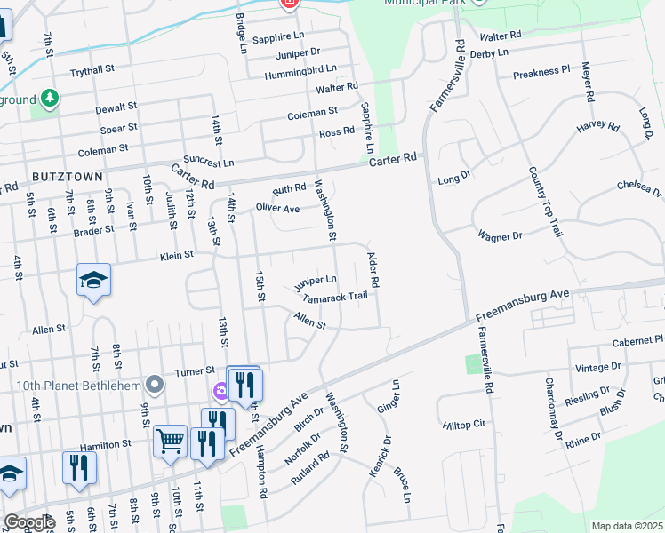 map of restaurants, bars, coffee shops, grocery stores, and more near 4151 Washington Street in Bethlehem