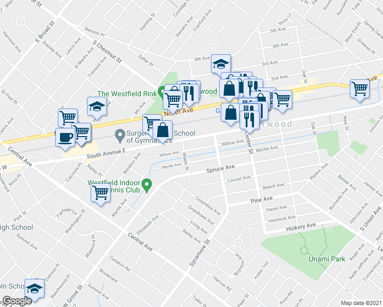 map of restaurants, bars, coffee shops, grocery stores, and more near 557 Willow Avenue in Garwood