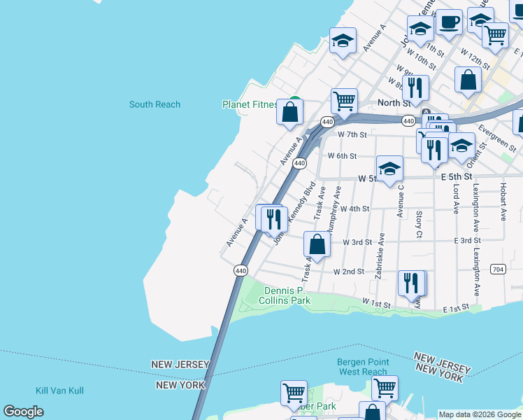map of restaurants, bars, coffee shops, grocery stores, and more near 66-68 Avenue A in Bayonne