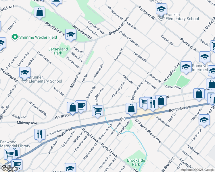 map of restaurants, bars, coffee shops, grocery stores, and more near 2394 Longfellow Avenue in Scotch Plains