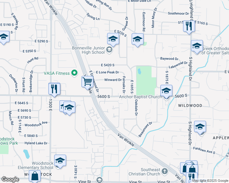 map of restaurants, bars, coffee shops, grocery stores, and more near 5570 Neighbor Lane in Holladay