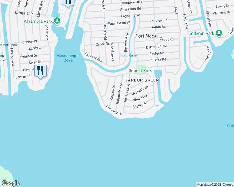 map of restaurants, bars, coffee shops, grocery stores, and more near 126 Harborview Drive in Massapequa