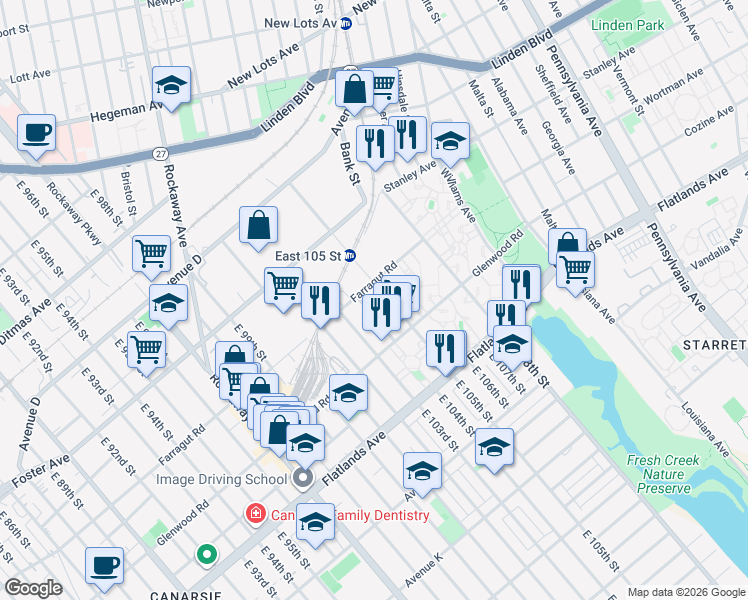 map of restaurants, bars, coffee shops, grocery stores, and more near 632 East 105th Street in Brooklyn