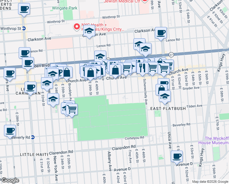 map of restaurants, bars, coffee shops, grocery stores, and more near 243 East 42nd Street in Brooklyn