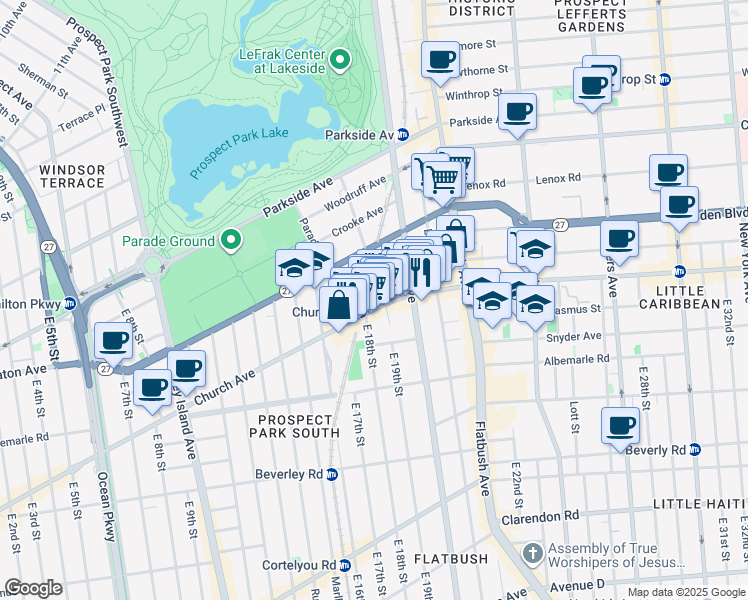 map of restaurants, bars, coffee shops, grocery stores, and more near 1911 Church Avenue in Brooklyn