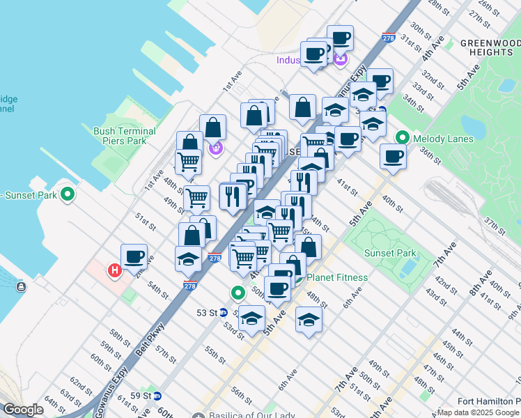 map of restaurants, bars, coffee shops, grocery stores, and more near 318 45th Street in Brooklyn