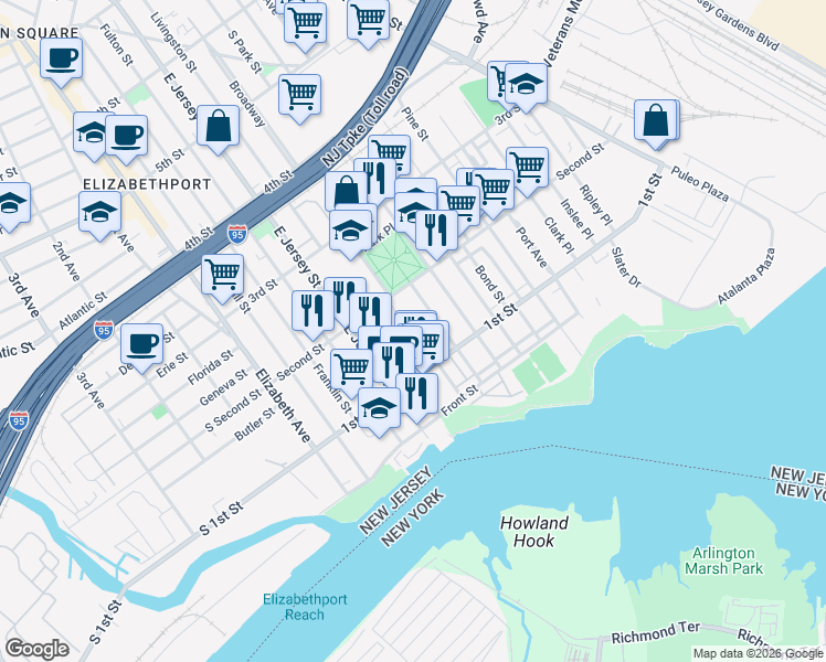 map of restaurants, bars, coffee shops, grocery stores, and more near 133 Broadway in Elizabeth