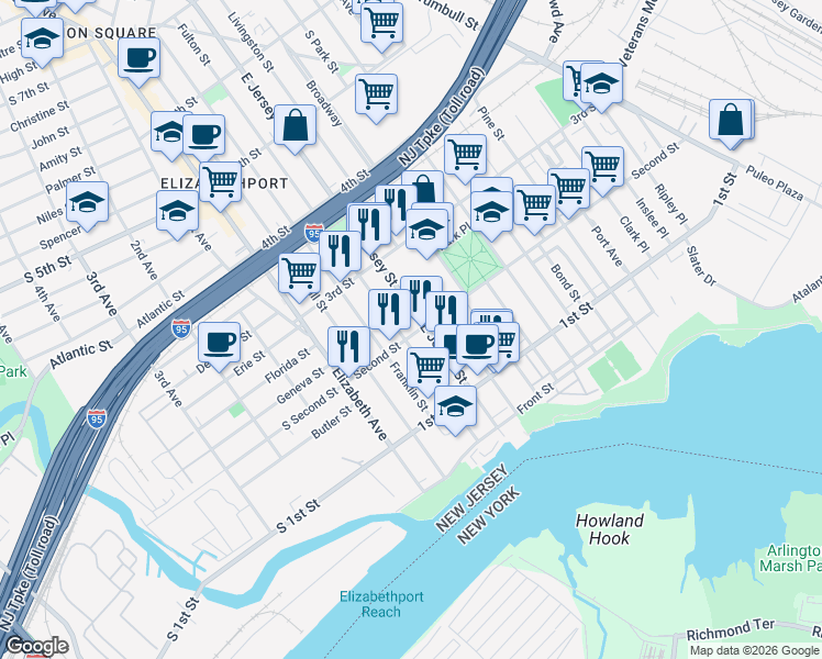 map of restaurants, bars, coffee shops, grocery stores, and more near 200 East Jersey Street in Elizabeth