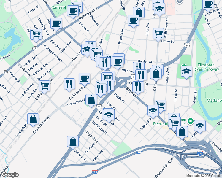 map of restaurants, bars, coffee shops, grocery stores, and more near 747 Edgar Road in Elizabeth