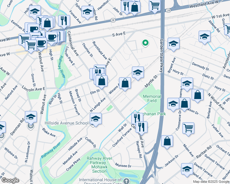 map of restaurants, bars, coffee shops, grocery stores, and more near 81 Winans Avenue in Cranford