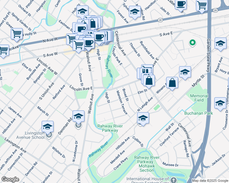 map of restaurants, bars, coffee shops, grocery stores, and more near 346 Lincoln Avenue East in Cranford