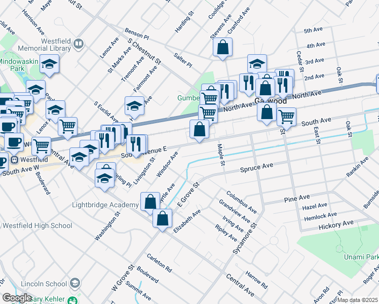map of restaurants, bars, coffee shops, grocery stores, and more near 651 South Avenue in Garwood