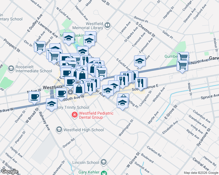 map of restaurants, bars, coffee shops, grocery stores, and more near 401 South Elmer Street in Westfield