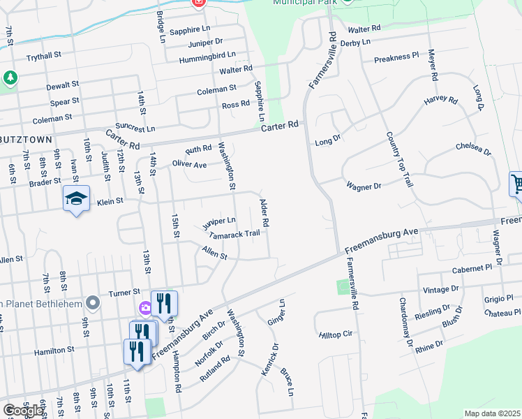 map of restaurants, bars, coffee shops, grocery stores, and more near 4210 Alder Road in Bethlehem